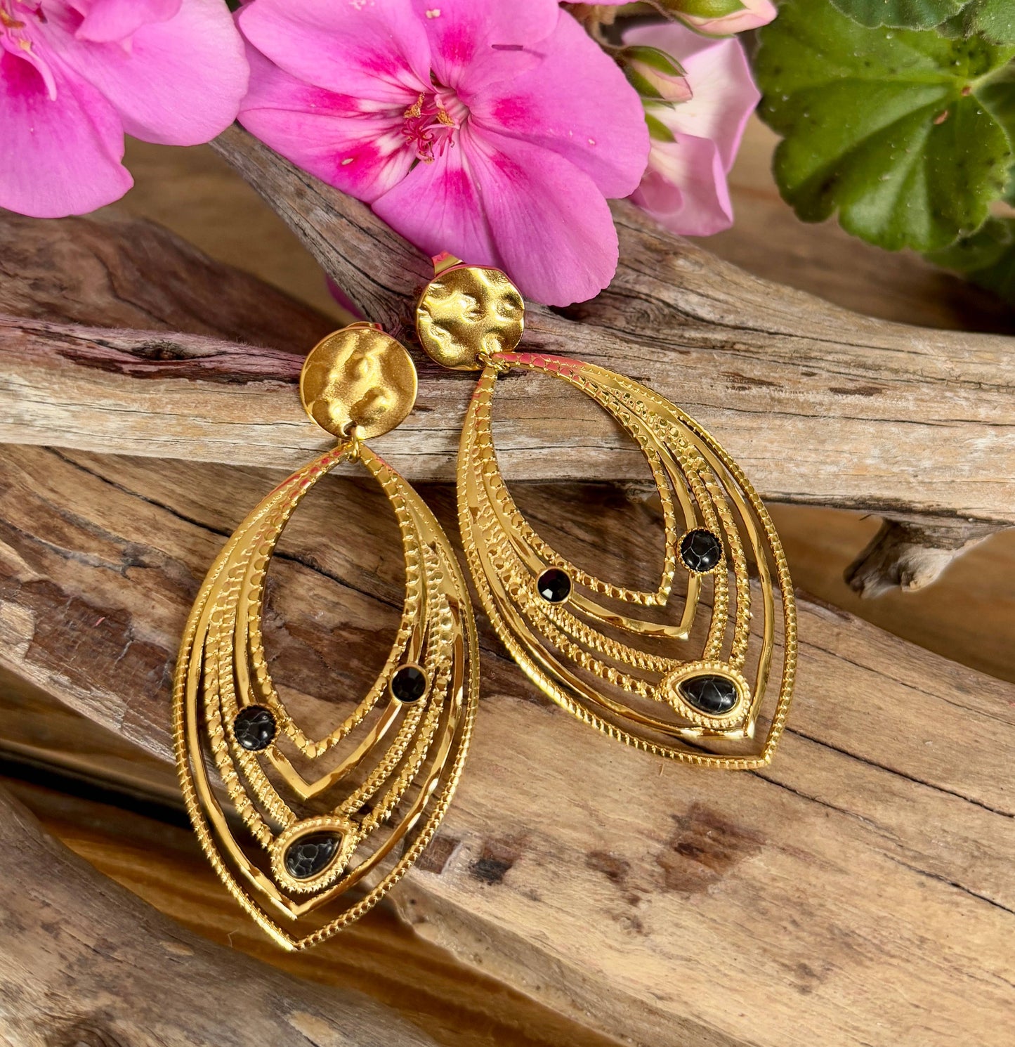 18ct Gold Plated Black Turquoise Leaf Earrings