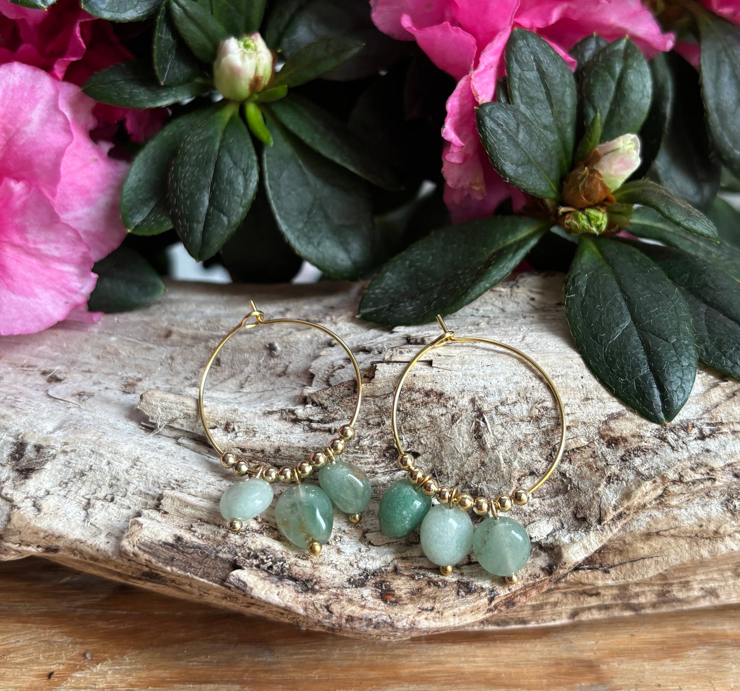 18ct Gold Plated Green Aventurine Cluster Hoop Earrings