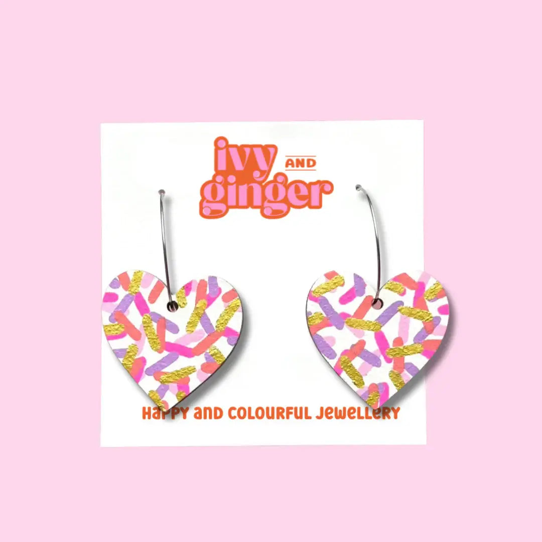 Large pink confetti heart hoop earrings hand painted wood