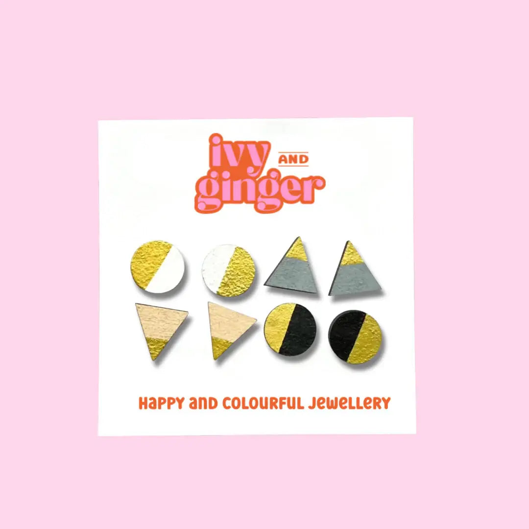 Mono gold four piece hand painted wooden earrings stud set