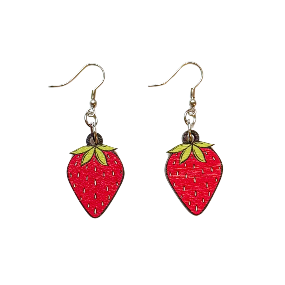 Strawberry Summer Bold Wooden Statement Dangle Earrings