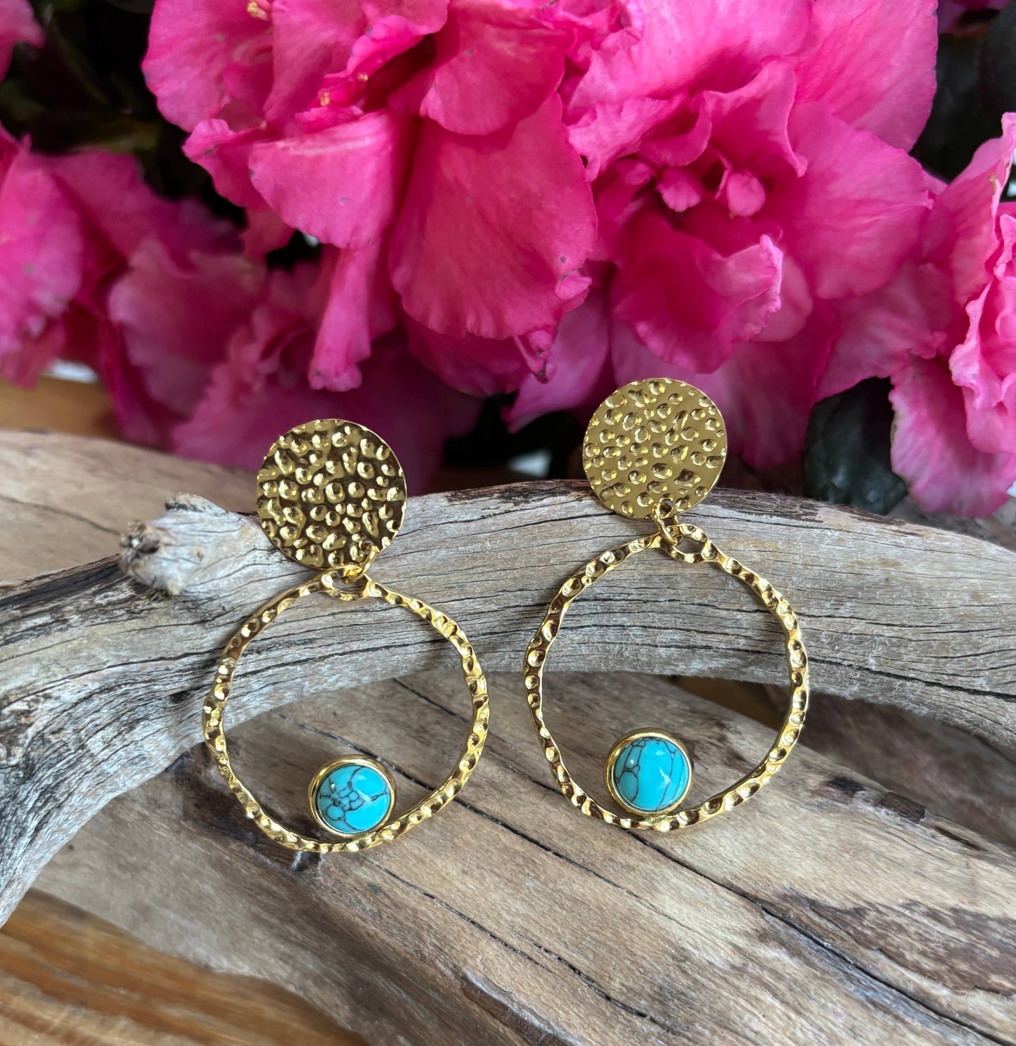 18ct Gold Plated Gold Circle Turquoise Hoop Earrings