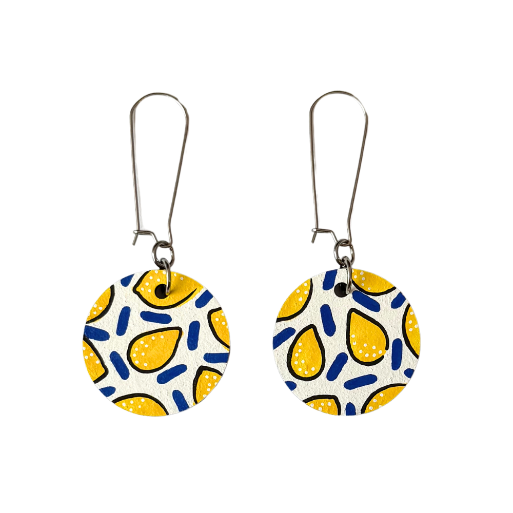 Lemon print Summer hand painted wooden dangle drop earrings