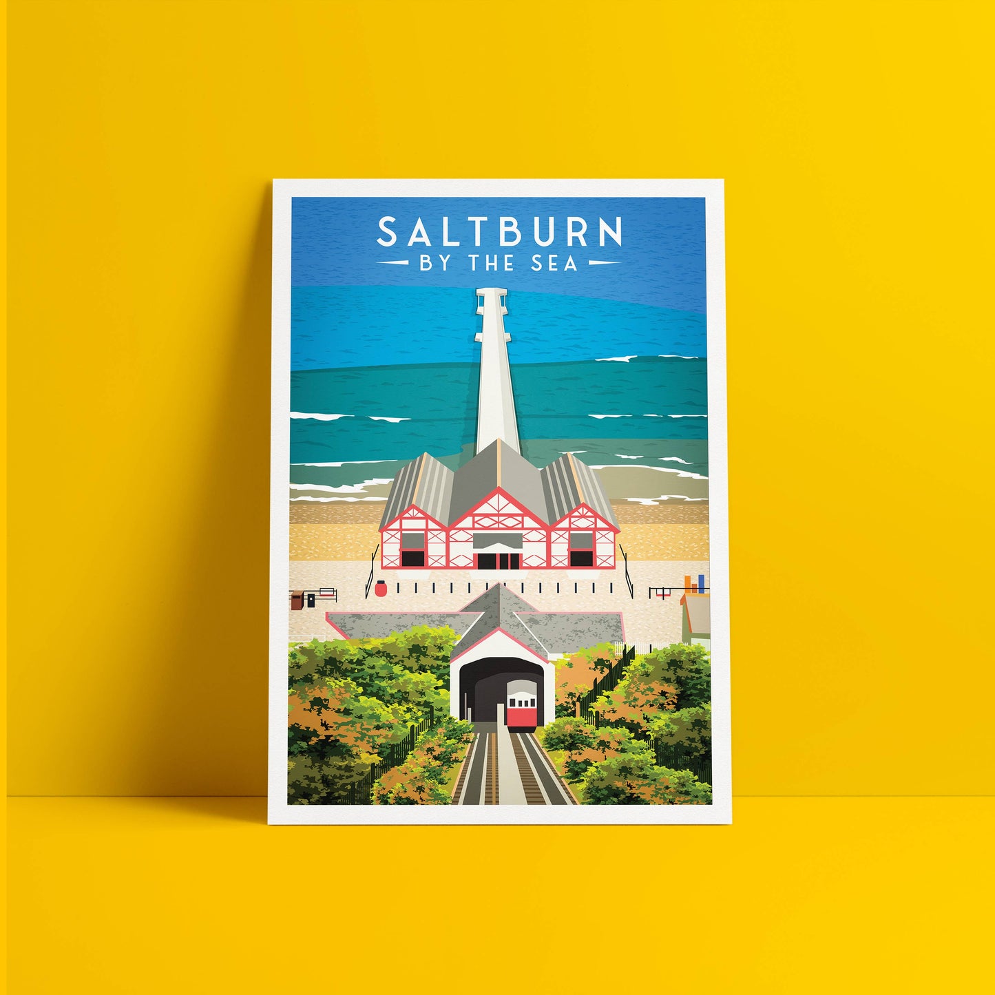 Saltburn By The Sea Print - England Travel Poster Pier & Cliff Lift