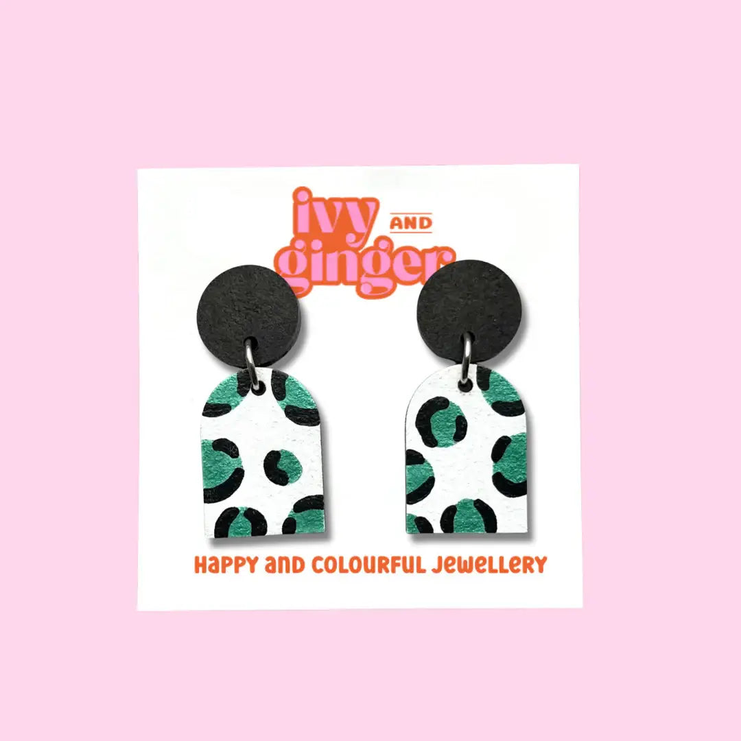Metallic green leopard print arch drop dangle earrings