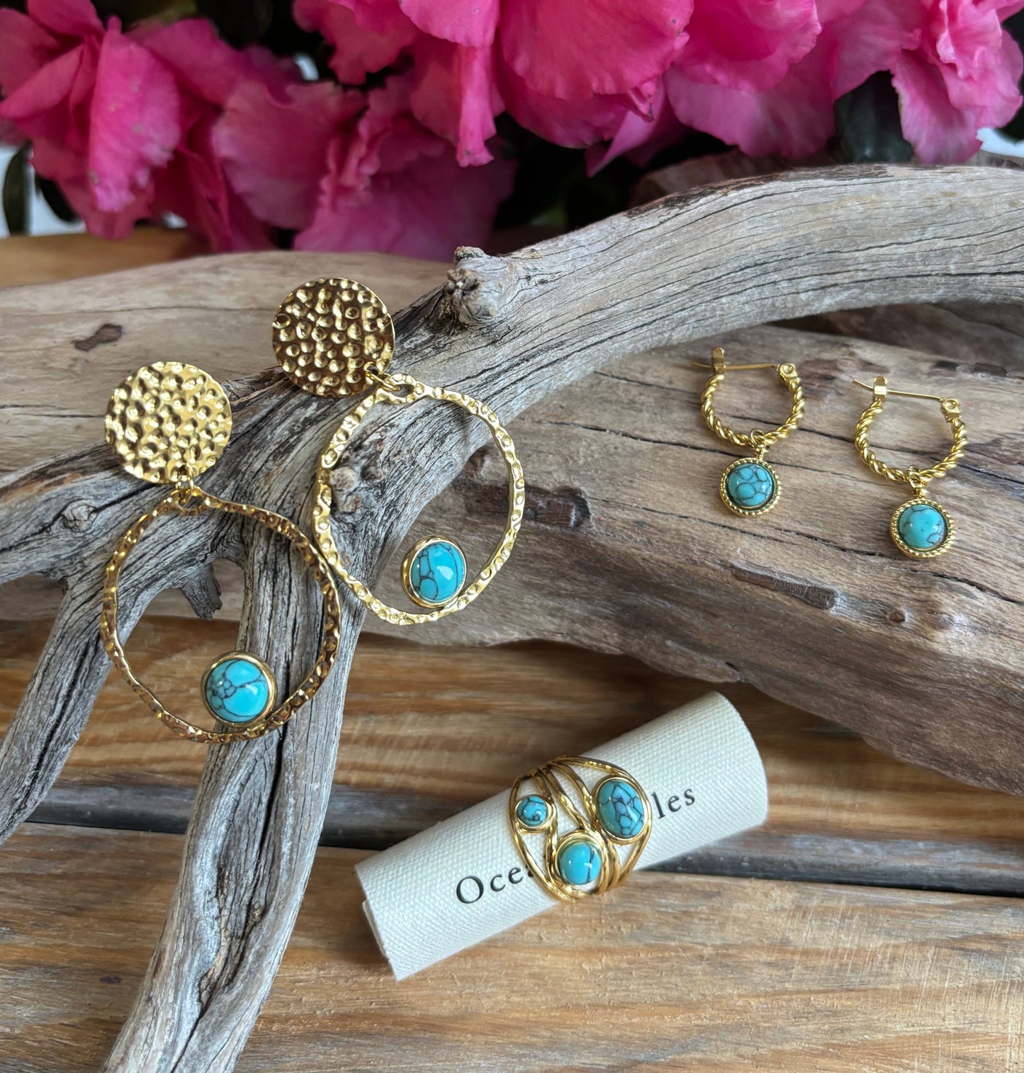 18ct Gold Plated Gold Circle Turquoise Hoop Earrings