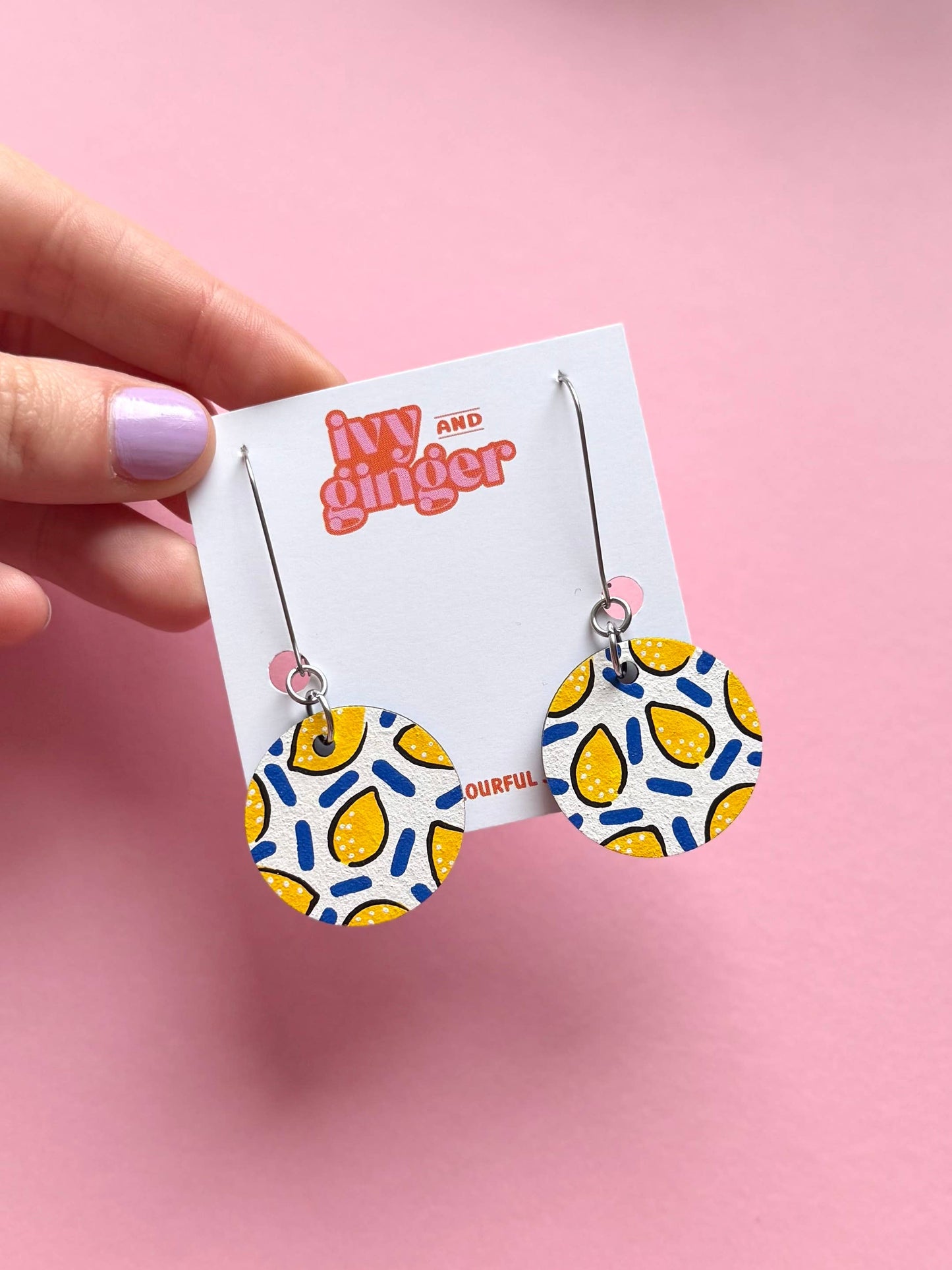Lemon print Summer hand painted wooden dangle drop earrings