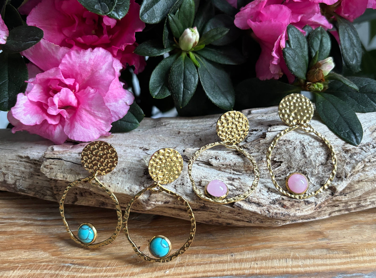 18ct Gold Plated Gold Circle Turquoise Hoop Earrings