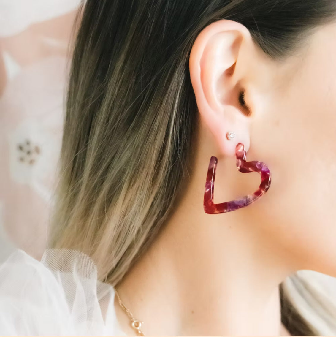 Amber & Orange; Red Tortoise Shell Heart Shaped Hoop Earrings