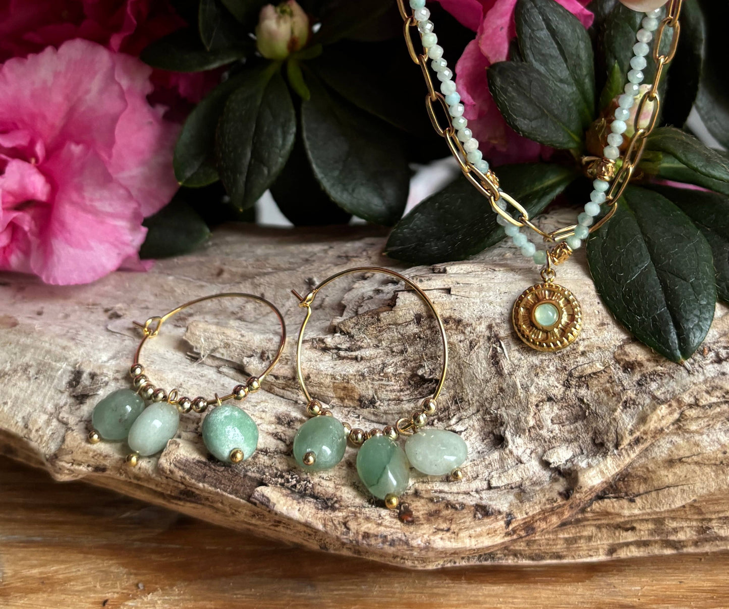 18ct Gold Plated Green Aventurine Cluster Hoop Earrings