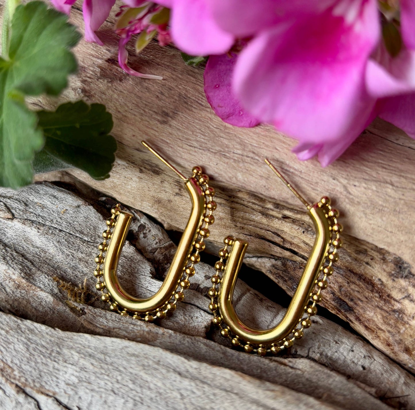 18ct Gold Plated Beaded Square Hoop Earrings
