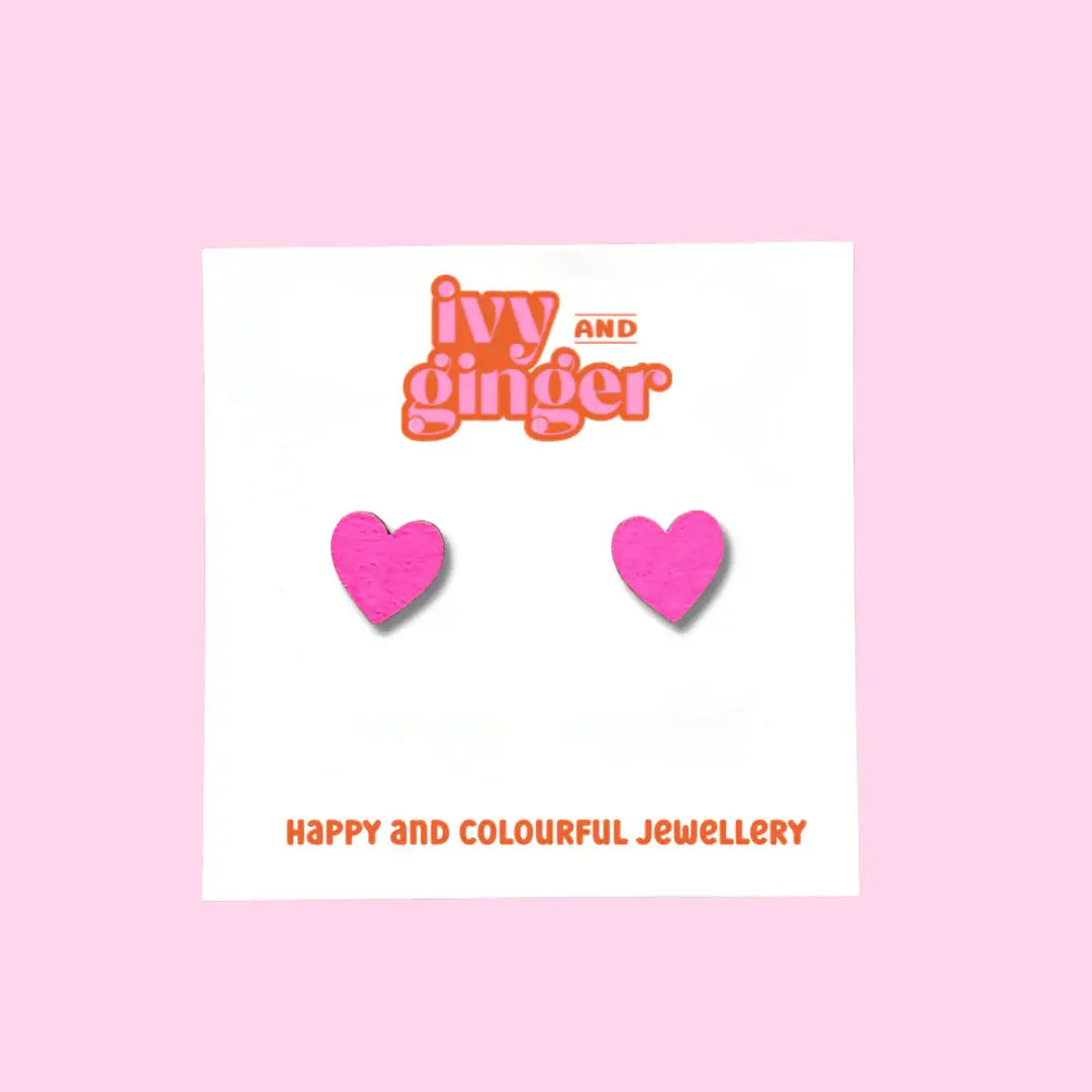 Mini neon pink statement heart hand painted stud earrings