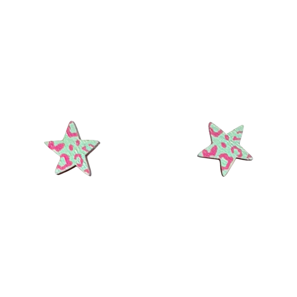 Midi mint green and pink leopard print star stud earrings