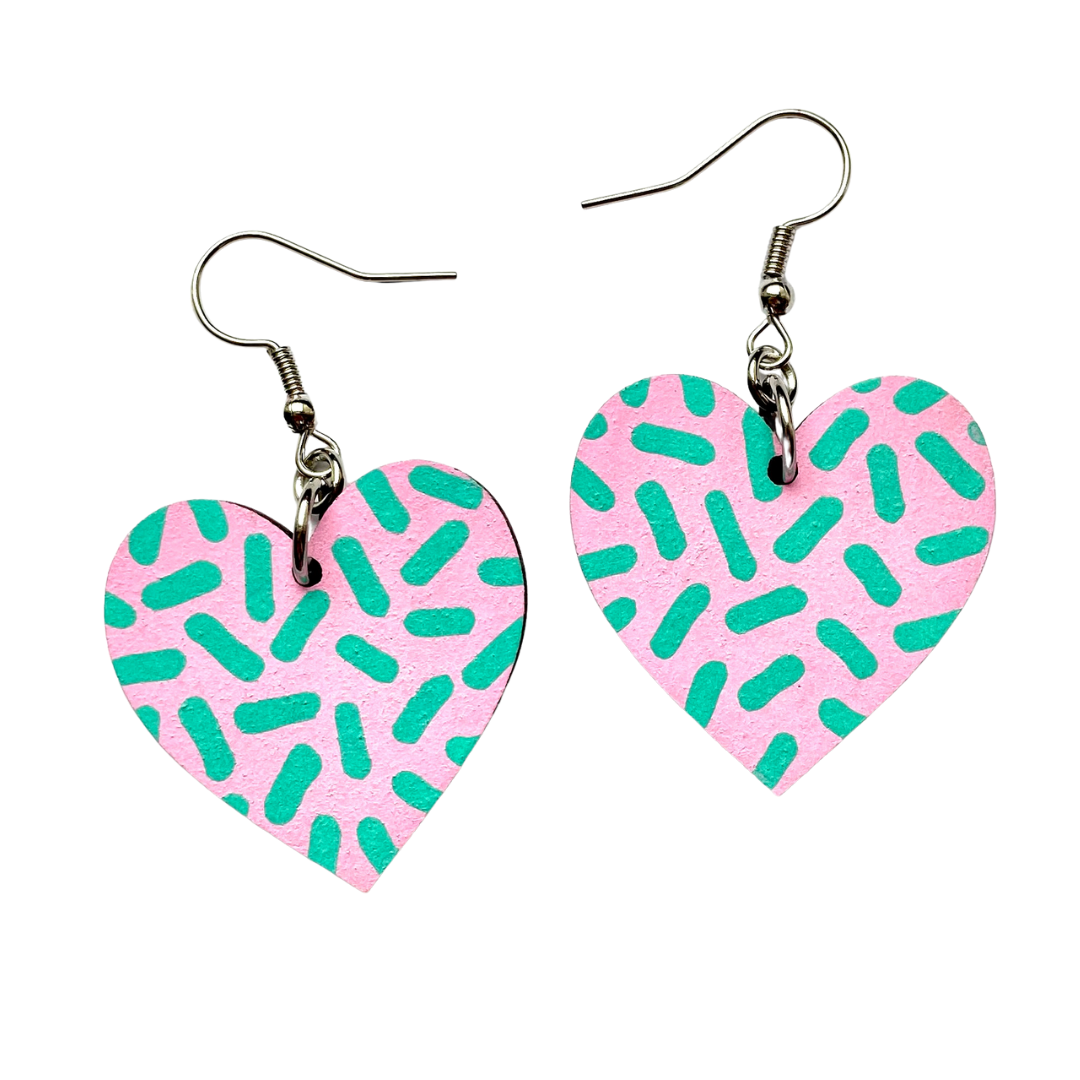 Large pink and mint dash print heart shaped dangle earrings