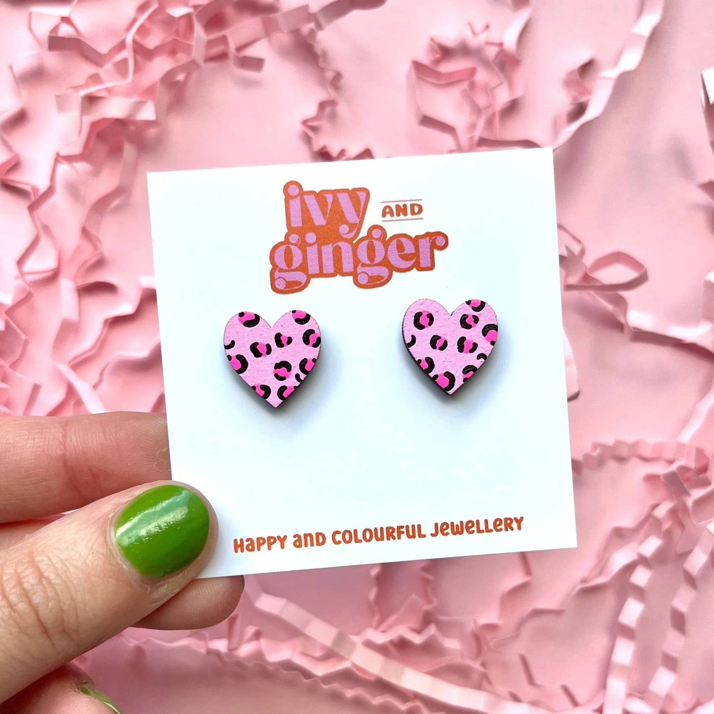 Midi neon pink leopard print heart hand painted earrings