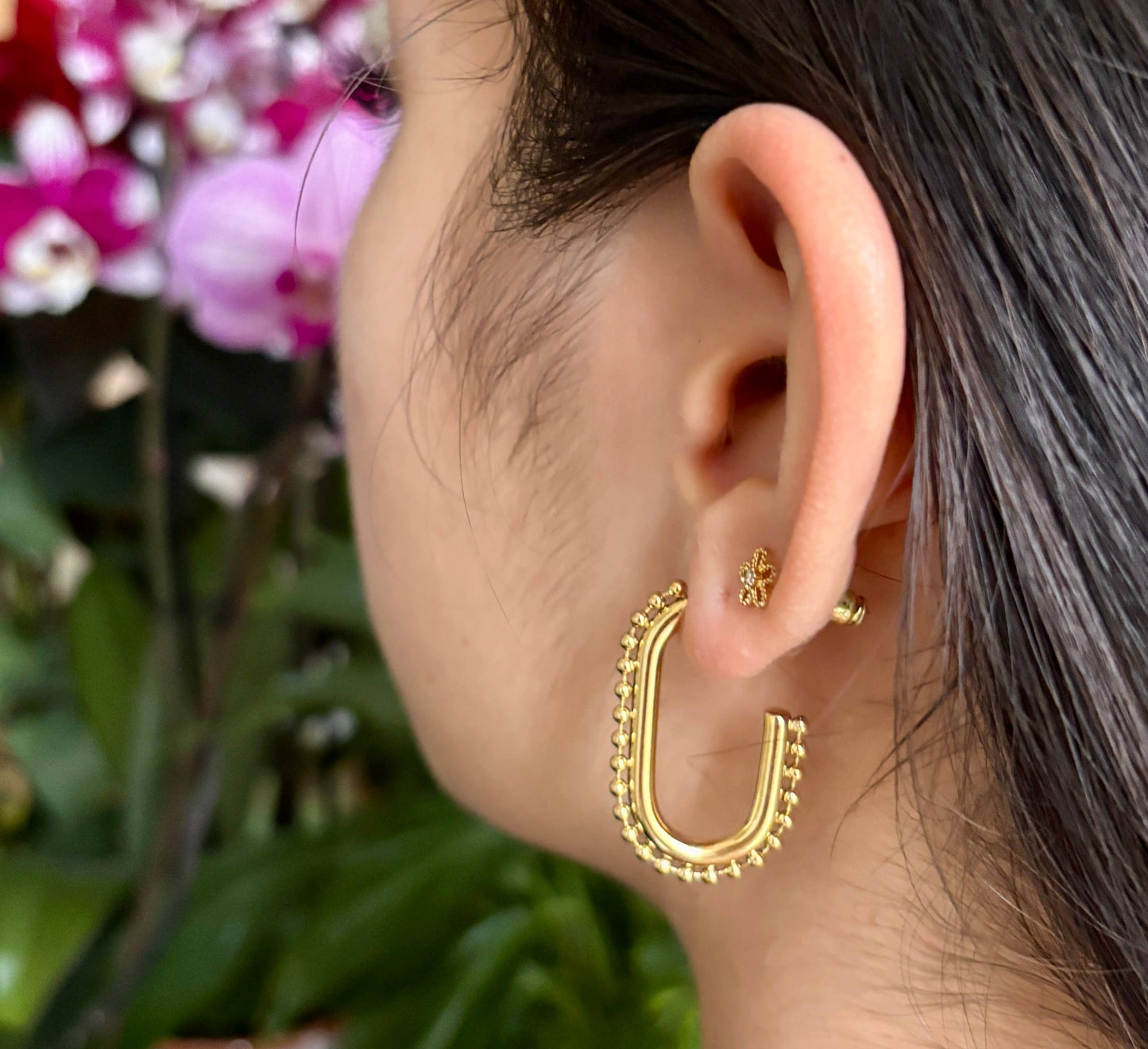 18ct Gold Plated Beaded Square Hoop Earrings
