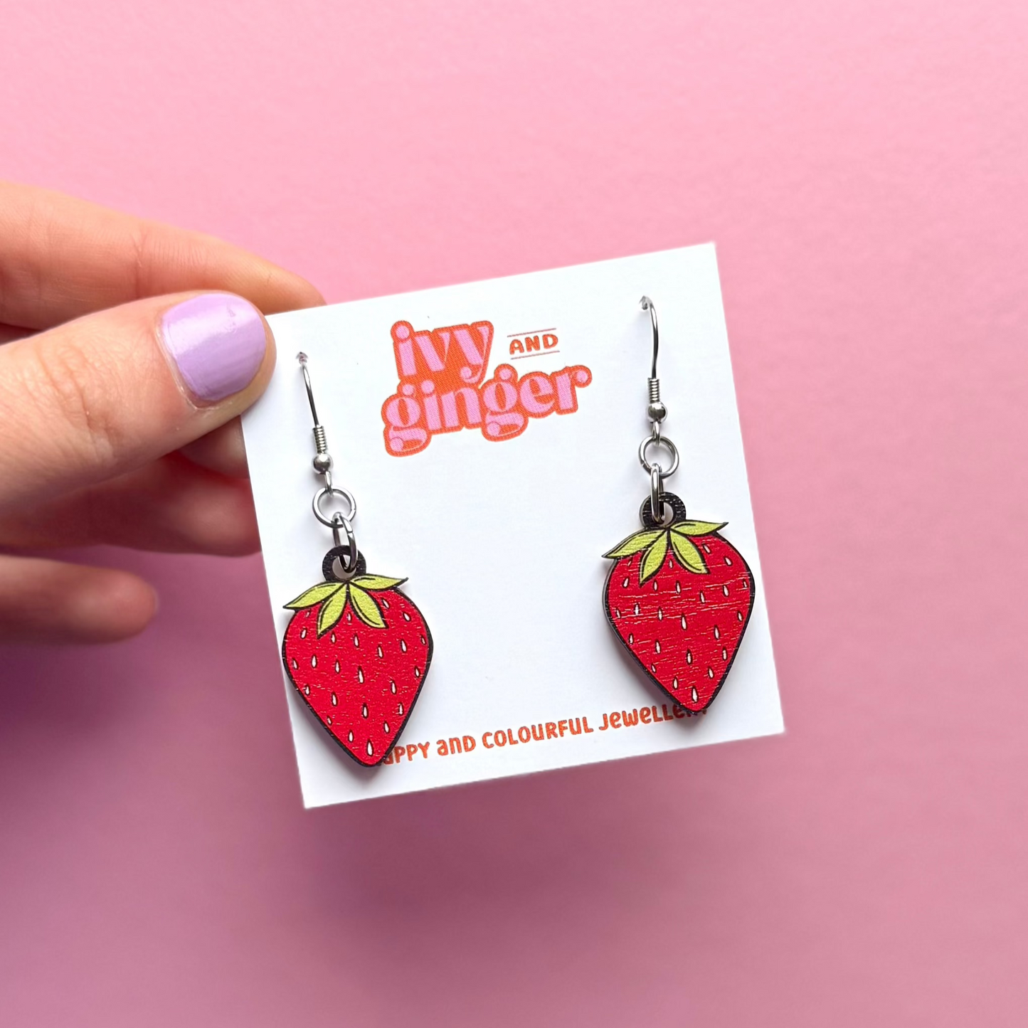 Strawberry Summer Bold Wooden Statement Dangle Earrings