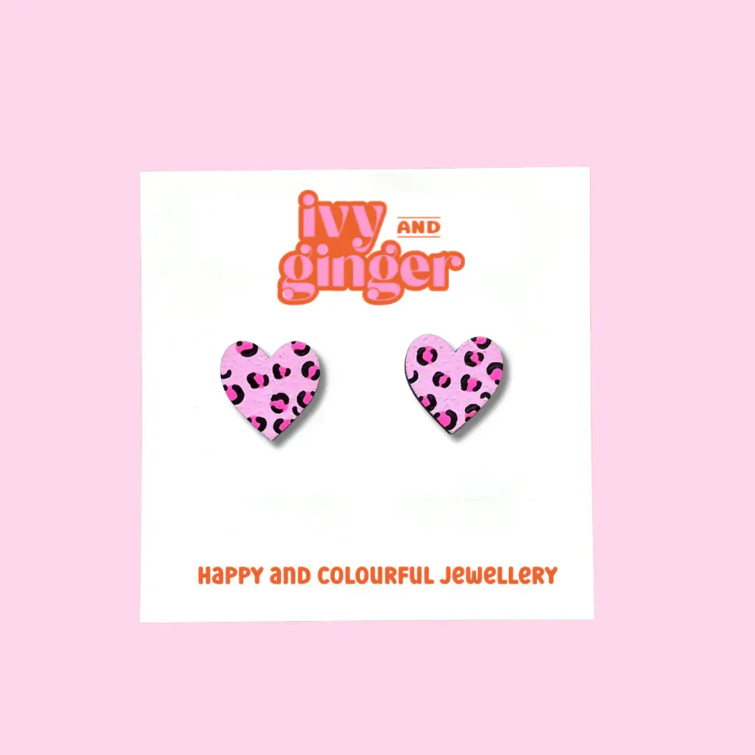 Midi neon pink leopard print heart hand painted earrings