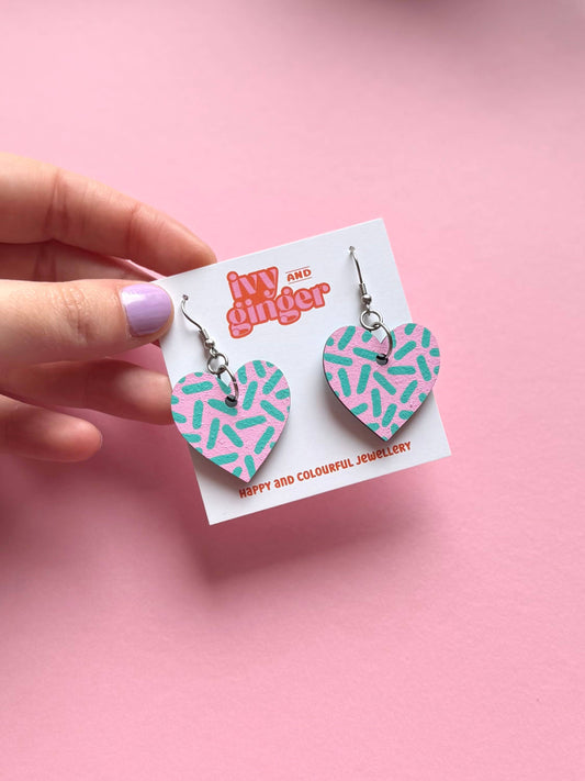 Large pink and mint dash print heart shaped dangle earrings
