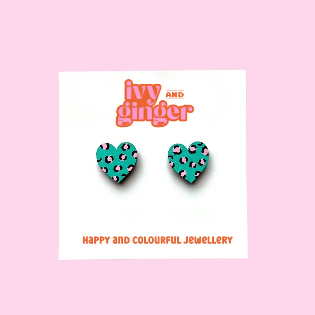 Midi Handmade Leopard Print Heart Studs Green and Pink