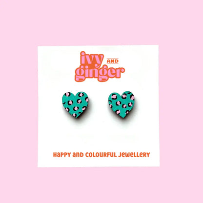 Midi Handmade Leopard Print Heart Studs Green and Pink