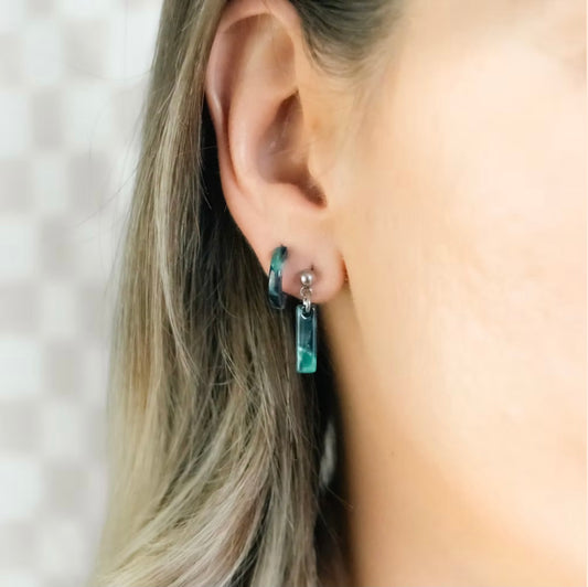 Dark Green Tortoiseshell Huggie Hoop & Small Strip Dangle Earrings Multipack