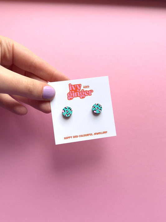 Handmade Green and Pink Mini leopard Print Stud Earrings
