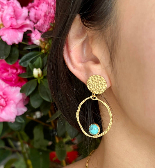 18ct Gold Plated Gold Circle Turquoise Hoop Earrings     