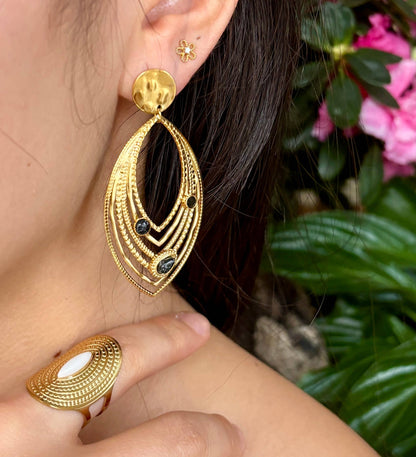 18ct Gold Plated Black Turquoise Leaf Earrings