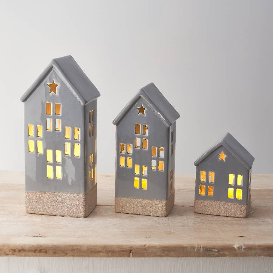 Light Up House With Star, Grey 12cm