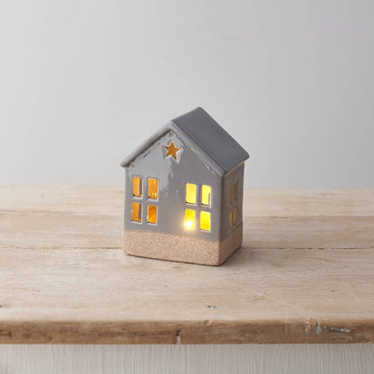 Light Up House With Star, Grey 12cm