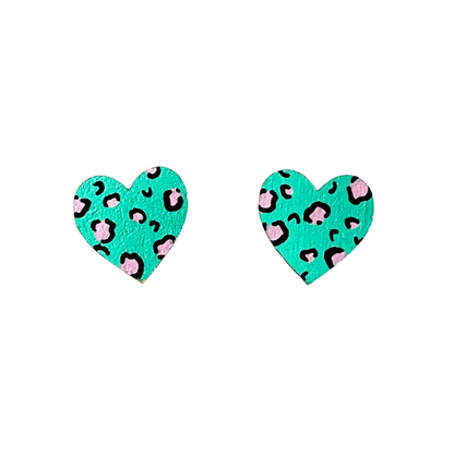 Midi Handmade Leopard Print Heart Studs Green and Pink