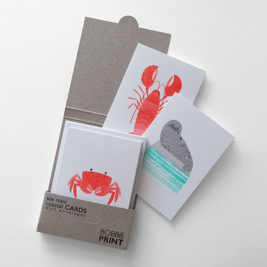 Boxed Set of 6 Cute Coastal Risograph Printed Mini Cards