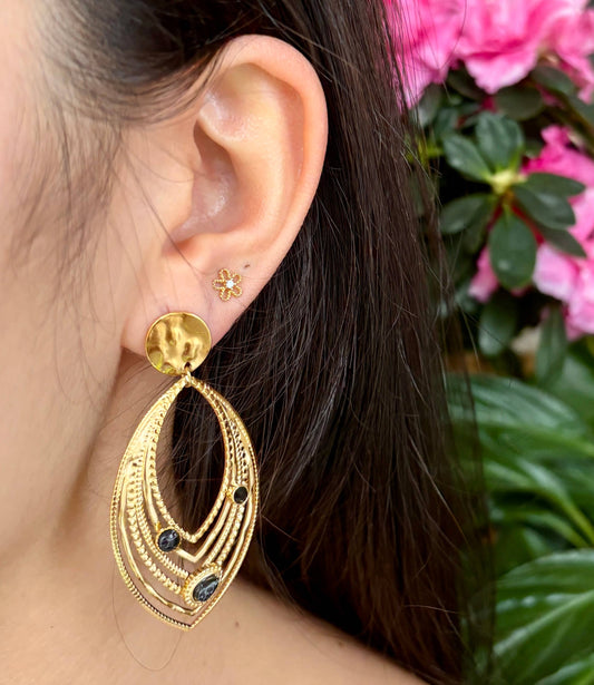18ct Gold Plated Black Turquoise Leaf Earrings