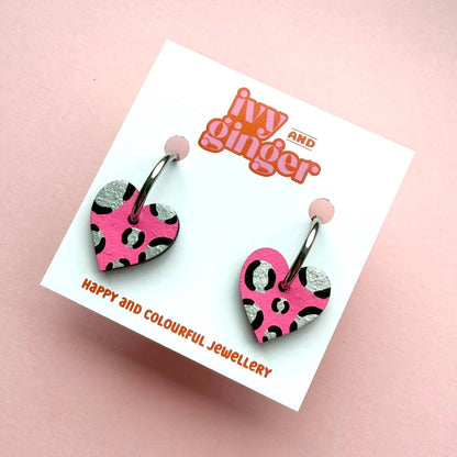 Bright pink and silver leopard print heart hoop earrings