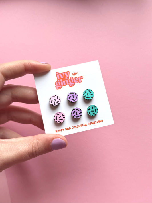 Pastel dash trio mini stud earrings set hand painted wood
