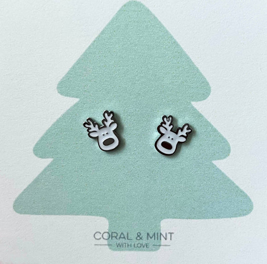 White Enamel Reindeer Stud Earrings