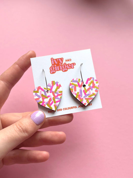 Large pink confetti heart hoop earrings hand painted wood
