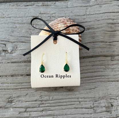 14ct Gold Plated Green Glass Drop Earrings