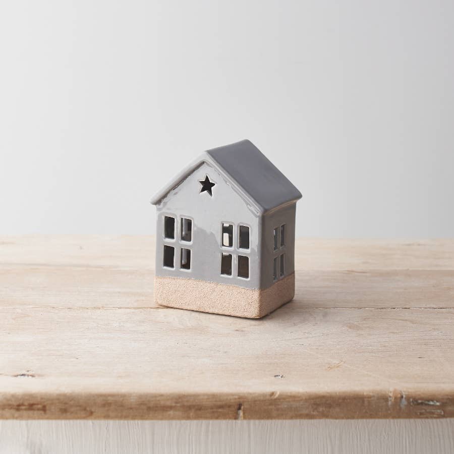 Light Up House With Star, Grey 12cm