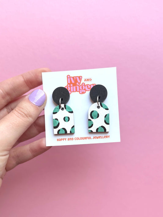 Metallic green leopard print arch drop dangle earrings