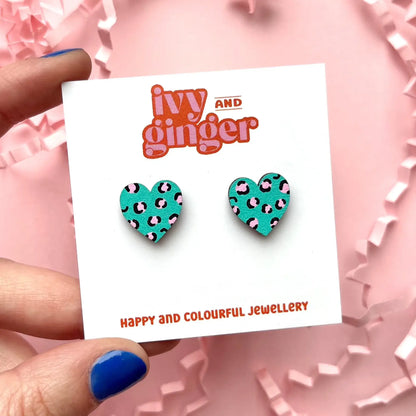 Midi Handmade Leopard Print Heart Studs Green and Pink