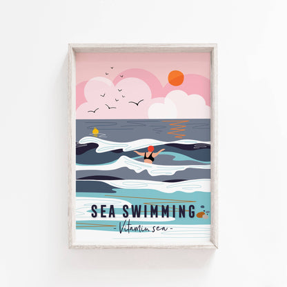 Sea swimming print coastal print wild swimming poster print A4