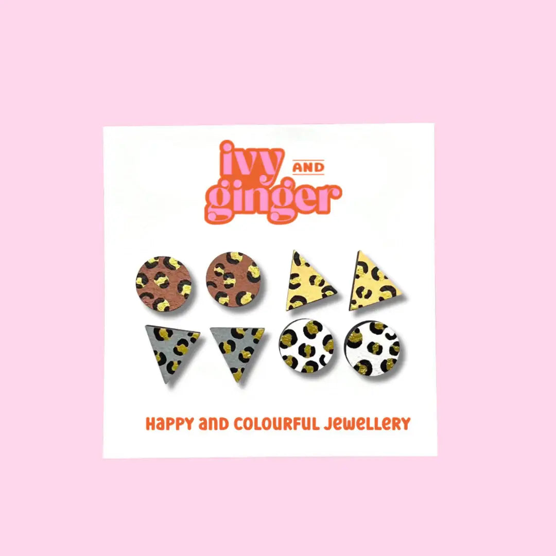 Gold Leopard Print Hand Painted Wooden Earrings Stud Set