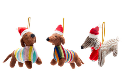 Knitted Dachshund Christmas Ornament in Bright Stripe Jumper