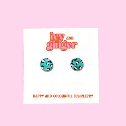 Handmade Green and Pink Mini leopard Print Stud Earrings