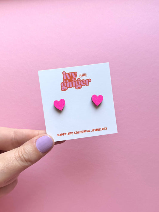 Mini neon pink statement heart hand painted stud earrings
