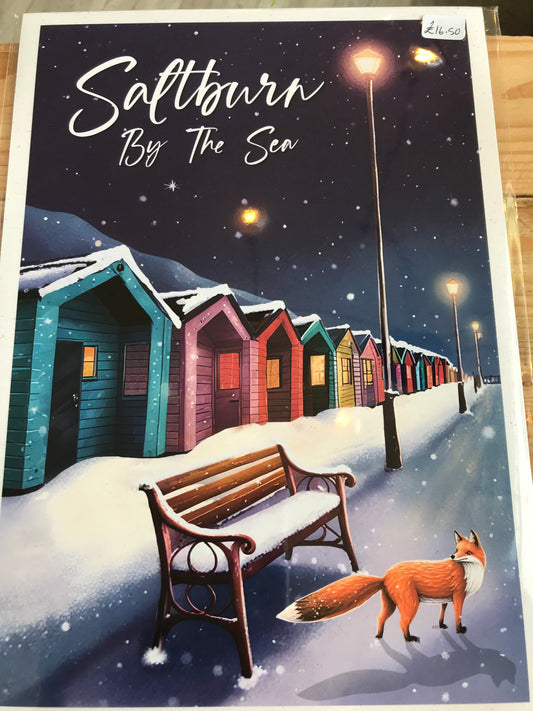 Saltburn Xmas Beach Huts print poster