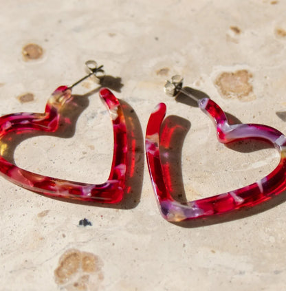 Amber & Orange; Red Tortoise Shell Heart Shaped Hoop Earrings