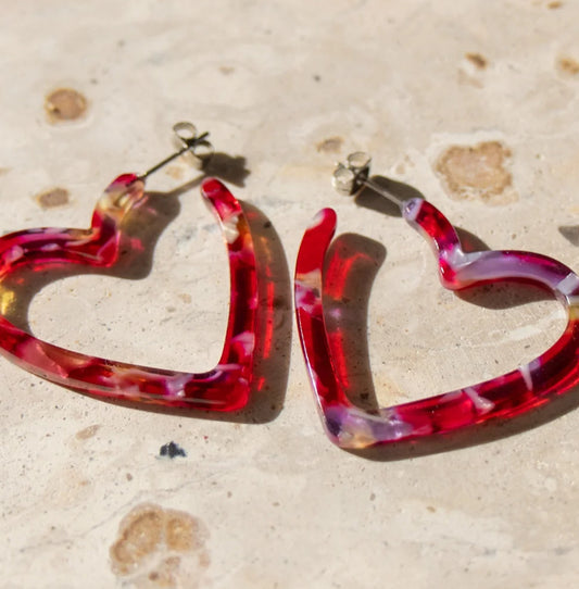 Amber & Orange; Red Tortoise Shell Heart Shaped Hoop Earrings